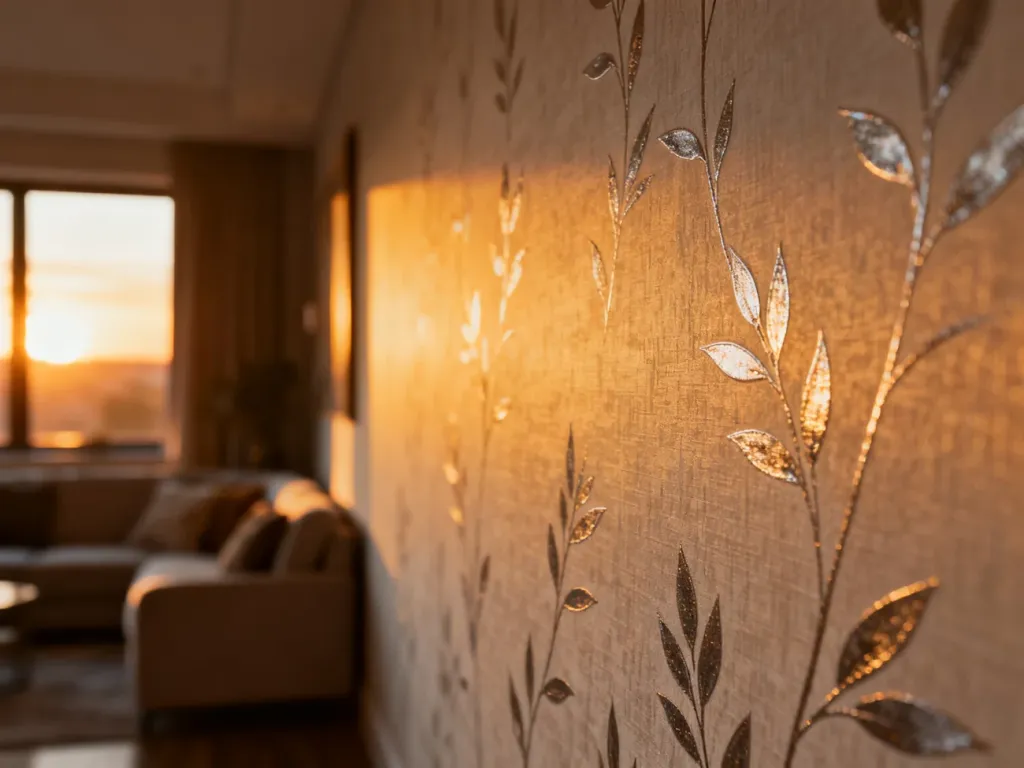 Zbliżenie na elegancką tapetę z subtelnym motywem roślinnym, łączącą matowe wykończenie z metalicznymi akcentami w przytulnym wnętrzu.