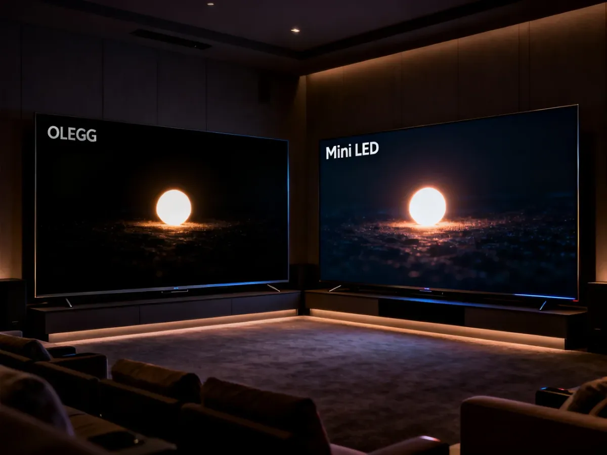 Porównanie telewizorów OLED i Mini LED wyświetlających ciemną scenę z jasnym obiektem