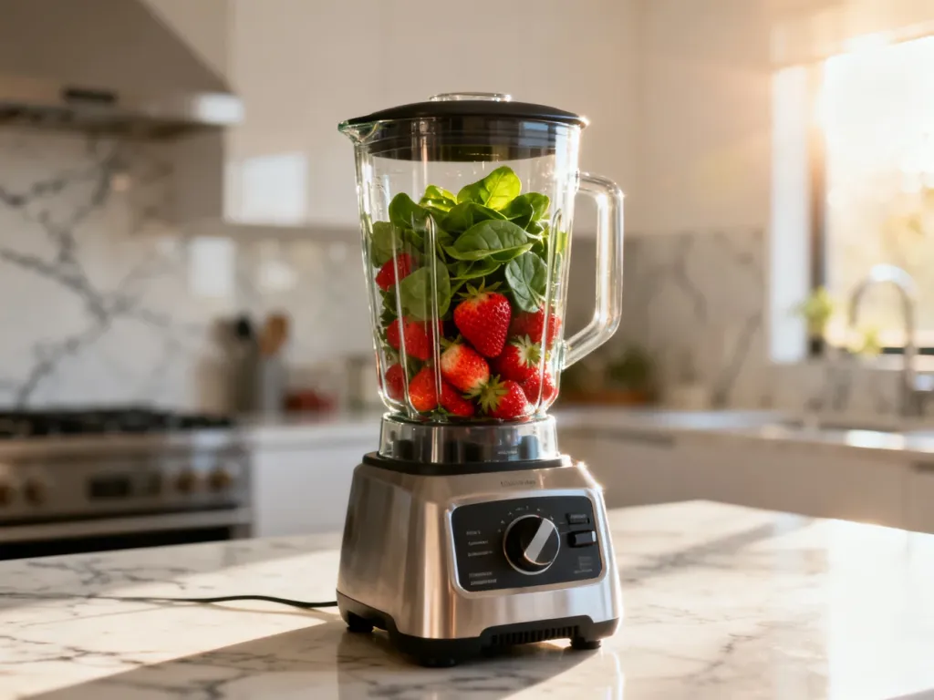 Nowoczesny blender kielichowy wypełniony świeżymi owocami i szpinakiem na tle jasnej, eleganckiej kuchni.