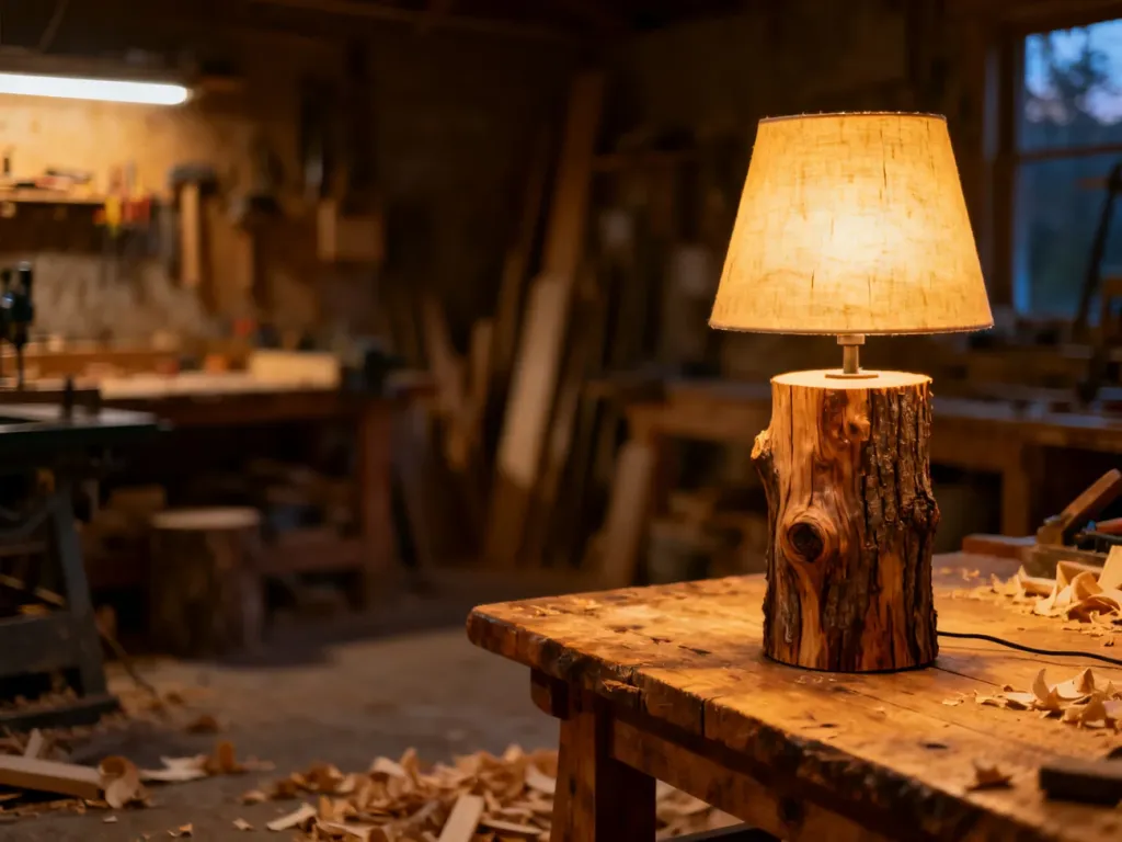 Rustykalna lampa z pnia drzewa ustawiona na drewnianym stole w przytulnym warsztacie stolarskim.