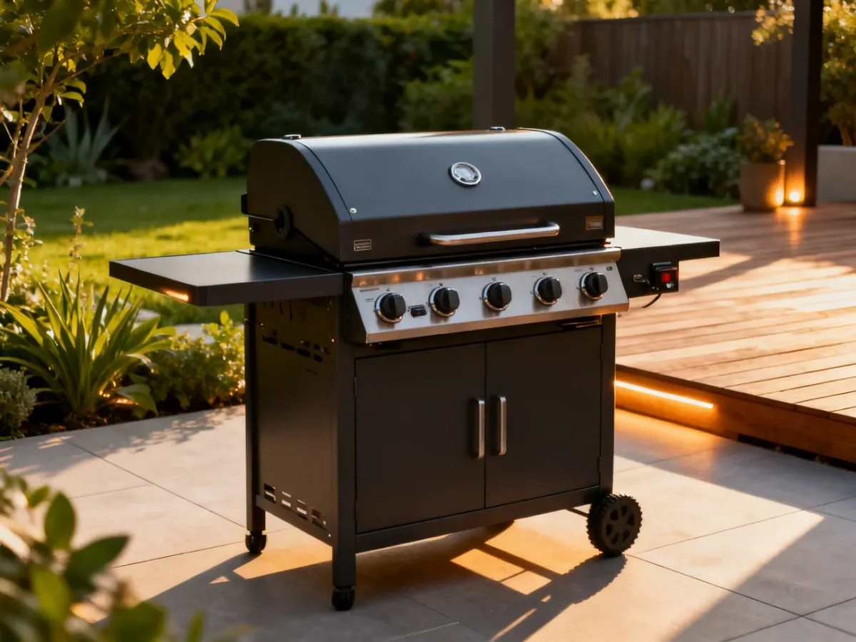Solidny grill gazowy na tarasie w ogrodzie