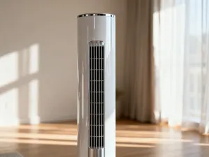 Nowoczesna lodówka z wyświetlaczem zużycia energii w jasnej kuchni. Obraz ilustruje efektywność energetyczną urządzenia.