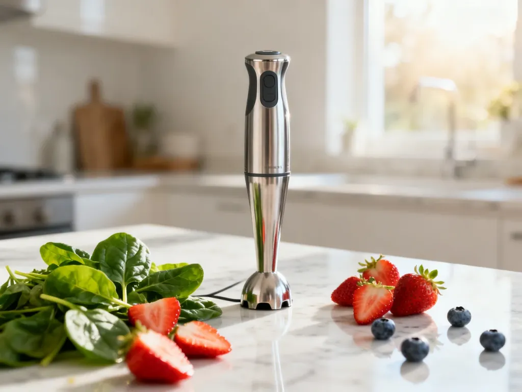 Nowoczesny blender ręczny ze stali nierdzewnej na marmurowym blacie w otoczeniu świeżych owoców i warzyw.
