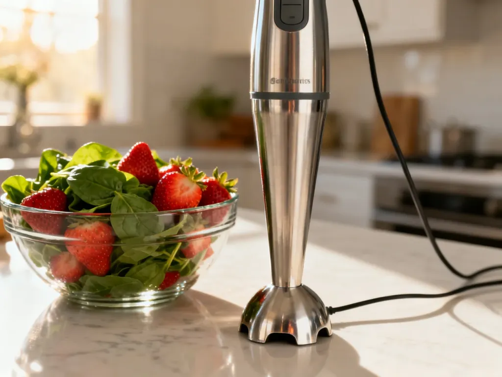 Stalowy blender ręczny na kuchennym blacie obok miski ze świeżymi truskawkami i szpinakiem w słonecznej kuchni.