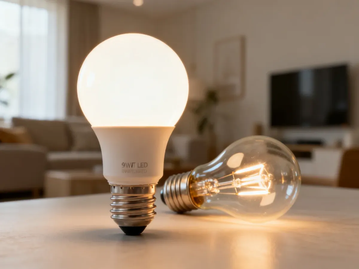 Świecąca żarówka LED 9 W obok tradycyjnej żarówki wolframowej
