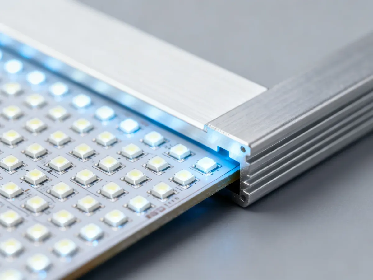Zbliżenie płytki z licznymi diodami LED SMD i profilem aluminiowym