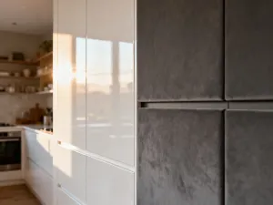 Nowoczesna zmywarka do zabudowy w minimalistycznej kuchni z jasnym, eleganckim wykończeniem.