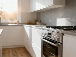 Zainstalowany w podłodze odpływ liniowy ze stali nierdzewnej w nowoczesnej łazience z płytkami ceramicznymi.