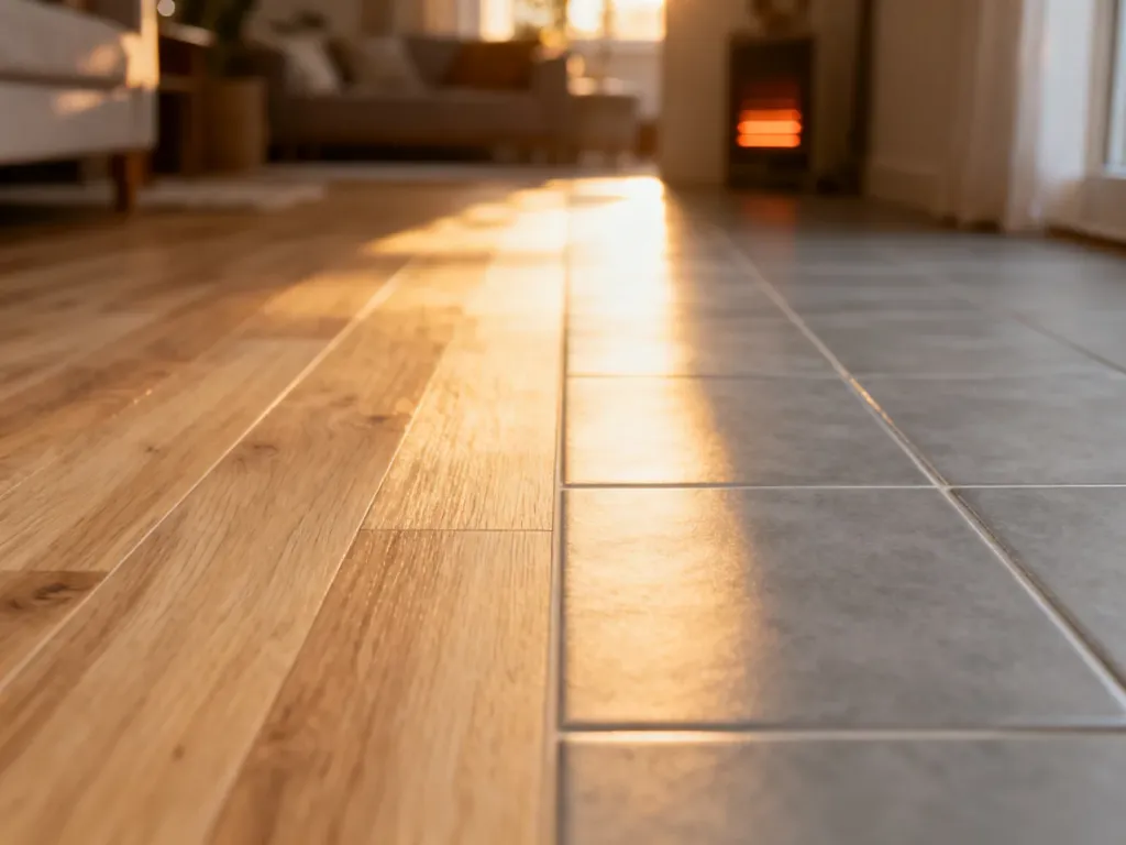 Porównanie paneli winylowych i płytek ceramicznych na ogrzewanej podłodze w nowoczesnym salonie.