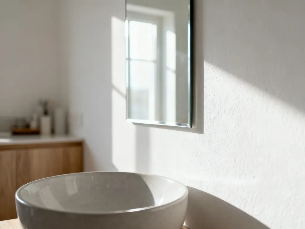 Minimalistyczne lustro bez ramy zamontowane nad ceramiczną umywalką w jasnej, nowoczesnej łazience.