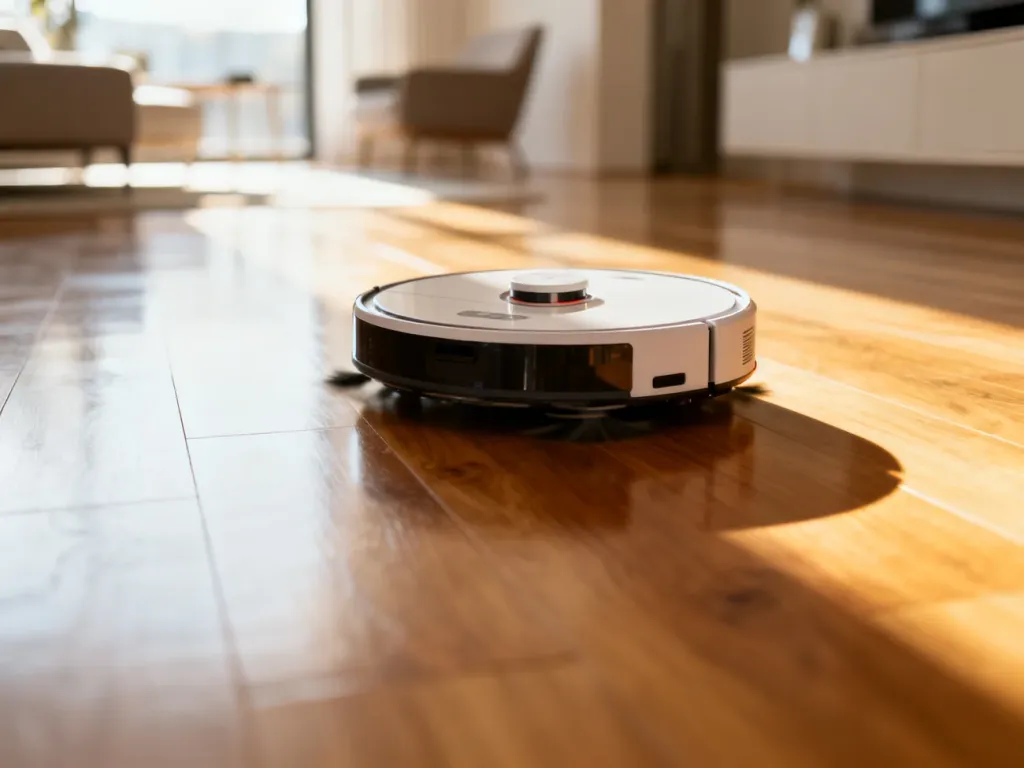 Nowoczesny robot sprzątający poruszający się po jasnym, drewnianym salonie w świetle poranka.