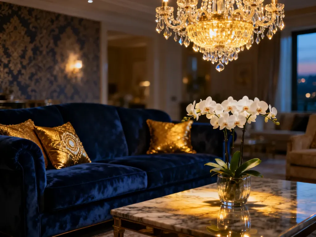 Elegancki salon w stylu glamour z granatową sofą, złotymi akcentami, kryształowym żyrandolem i marmurowym stolikiem.