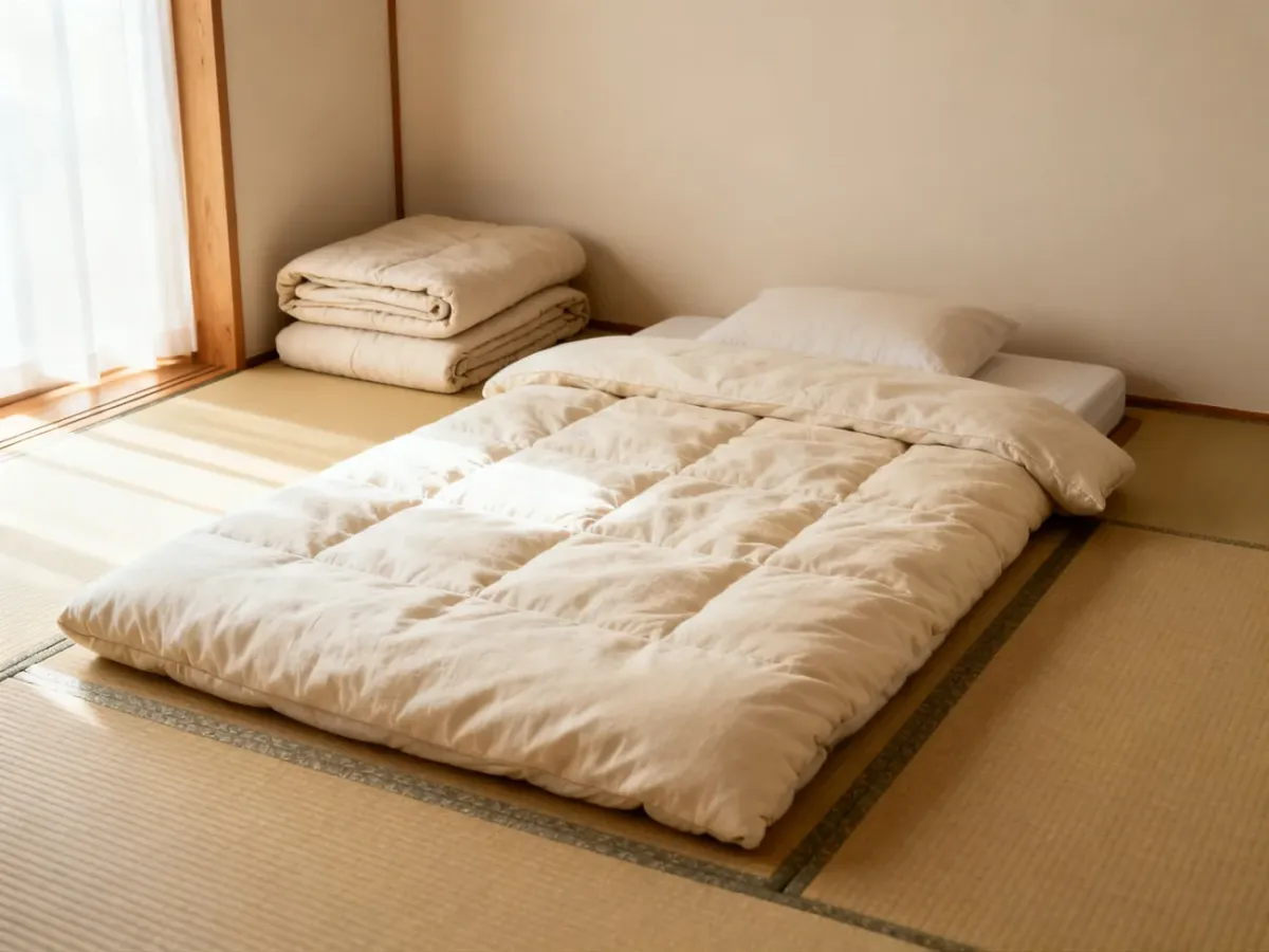 Tradycyjny futon rozłożony na macie tatami w minimalistycznej sypialni