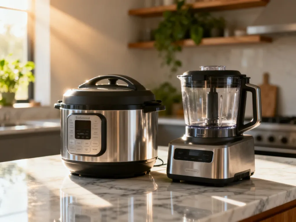 Multicooker i robot kuchenny stojące obok siebie na marmurowym blacie w nowoczesnej kuchni.