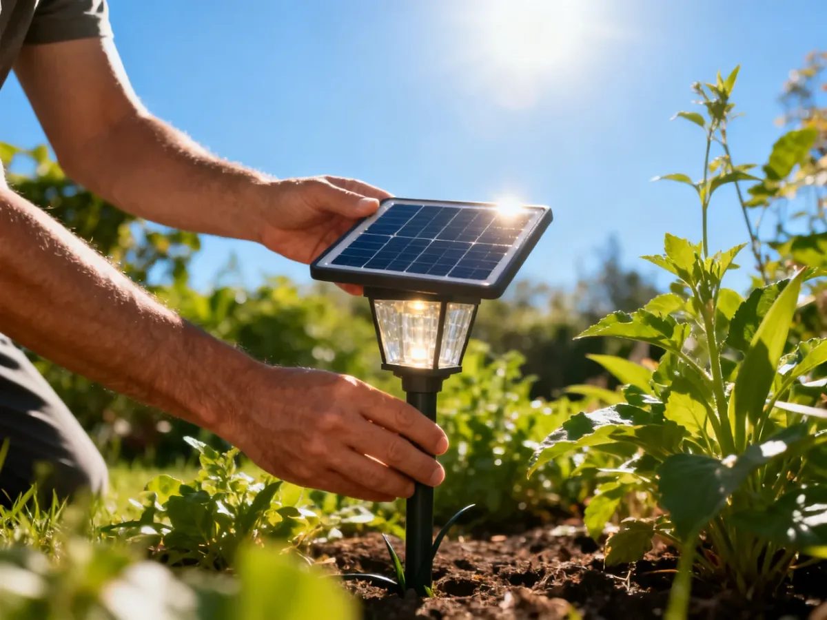 Lampka solarna ustawiona w pełnym słońcu w ogrodzie