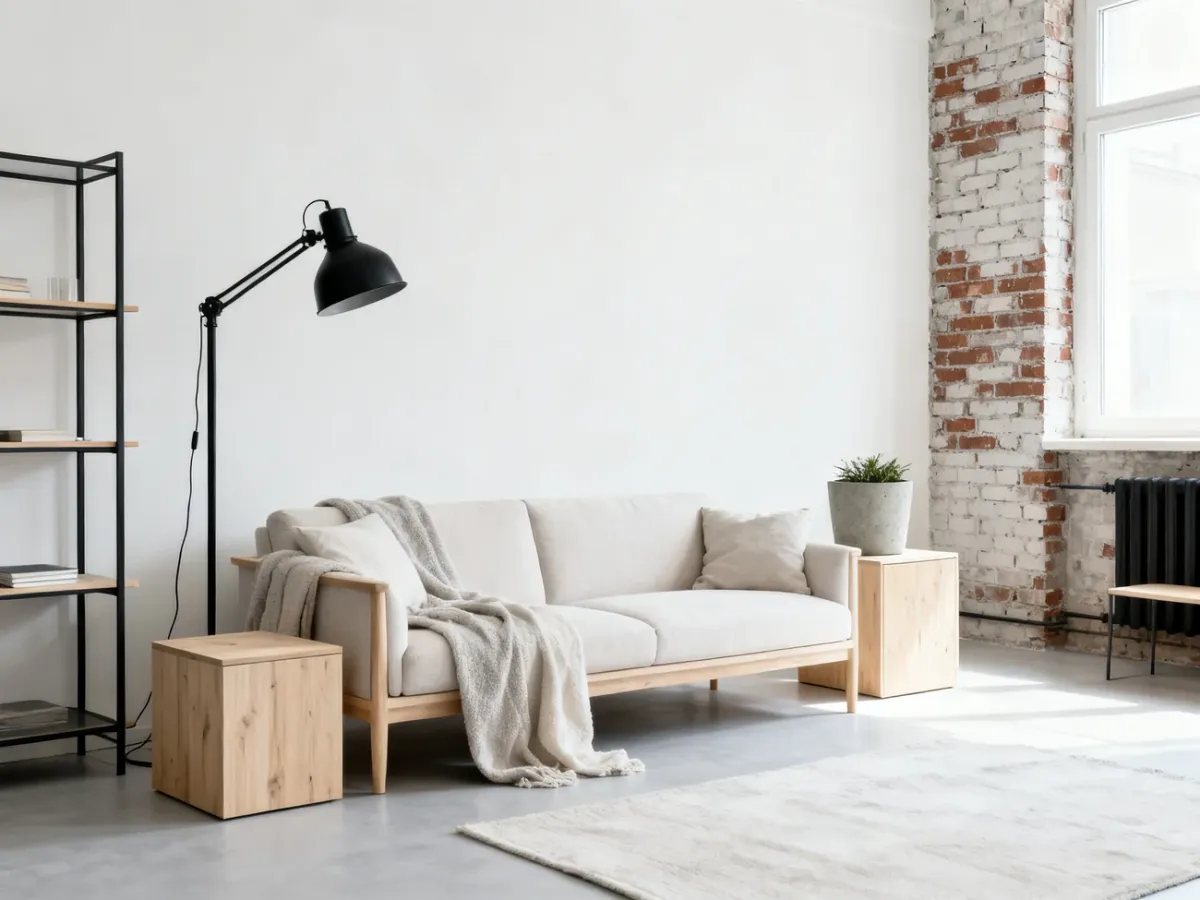 Salon Scandi-Loft łączący jasne meble z czarnymi i industrialnymi akcentami