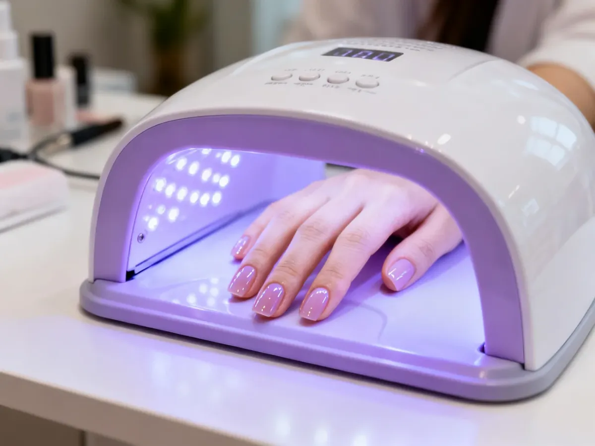 Dłoń z pomalowanymi paznokciami utwardzana w lampie Dual LED