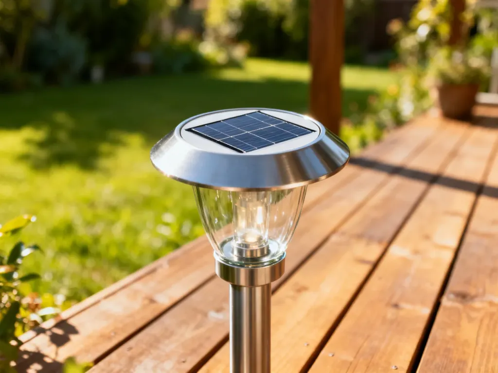 Nowoczesna lampa solarna ze stali nierdzewnej na drewnianym tarasie w słoneczny poranek, gotowa do ładowania.