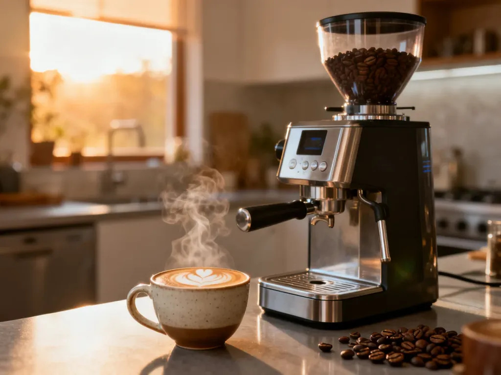 Nowoczesny ekspres z wbudowanym młynkiem oraz filiżanka latte w słonecznej kuchni.