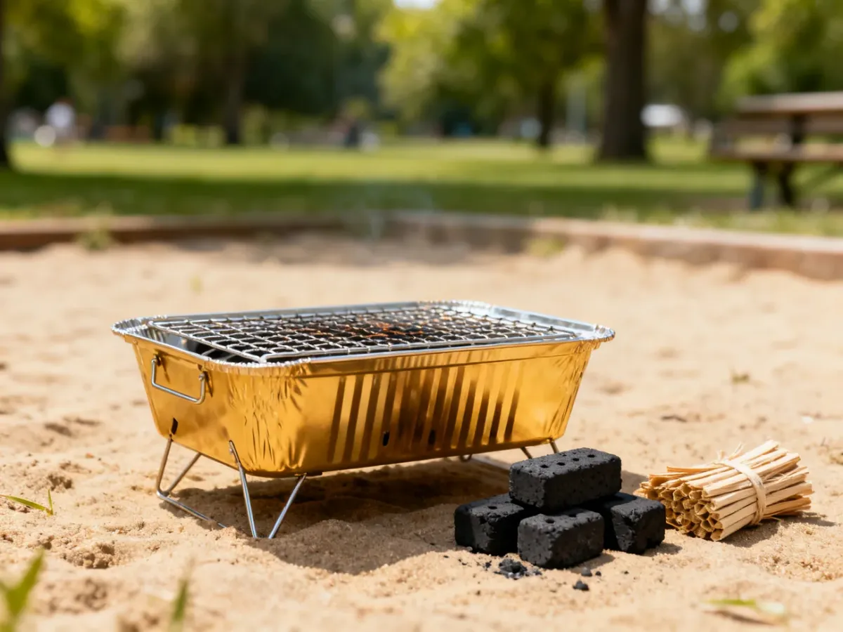 Jednorazowy grill z rusztem, węglem i podpałką ustawiony na piasku