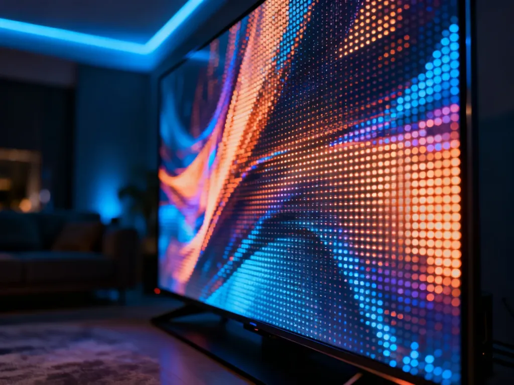 Zbliżenie na strukturę pikseli ekranu mini LED, ukazujące precyzyjne podświetlenie matrycy i wysoki kontrast obrazu.