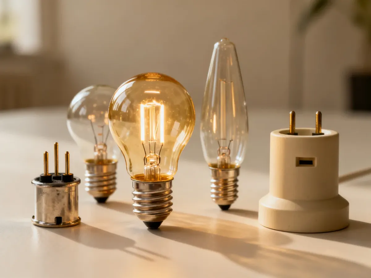 Różne typy trzonków żarówek ułożone obok oprawki lampy