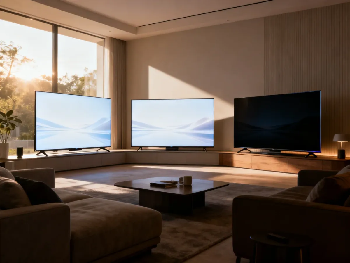 Trzy telewizory prezentujące różnice między technologiami LED, QLED i OLED