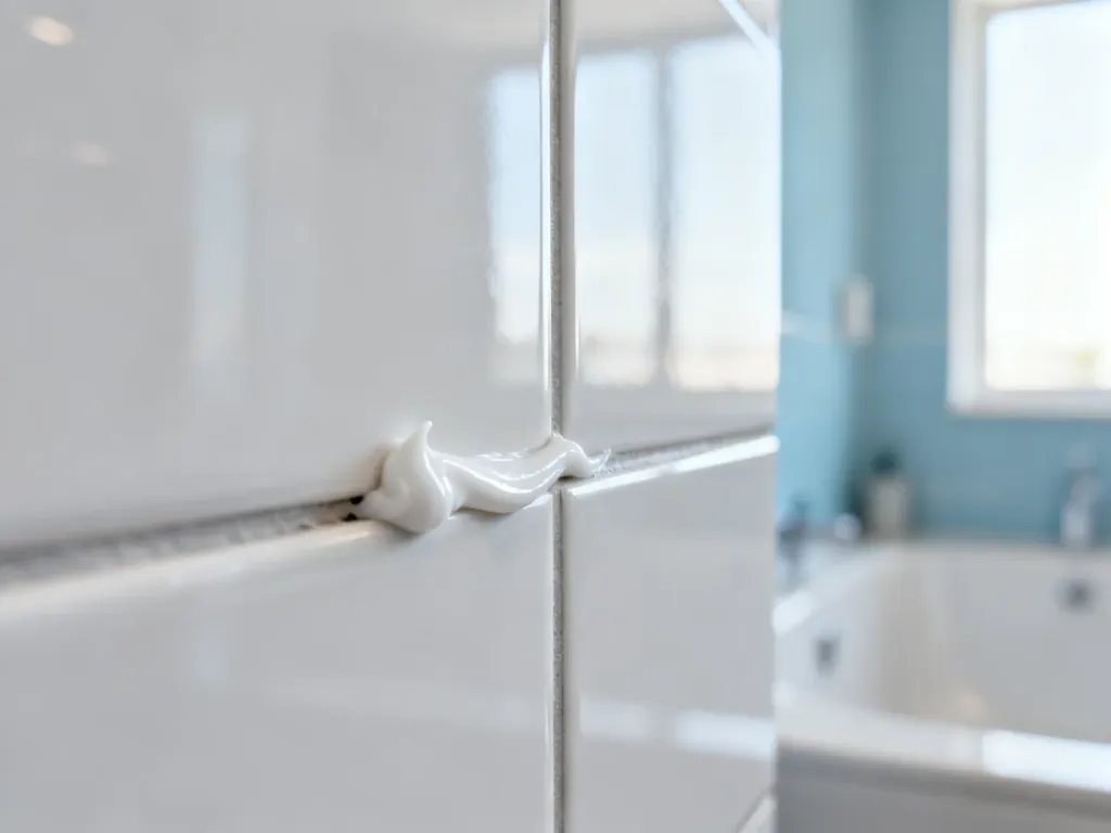 Świeża spoina z białego silikonu sanitarnego nałożona między płytkami ceramicznymi w łazience.