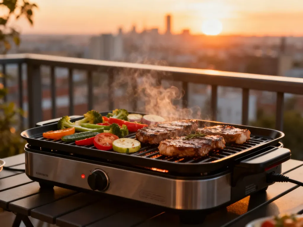 Nowoczesny grill elektryczny na balkonie z pieczonymi warzywami i mięsem w blasku zachodzącego słońca.
