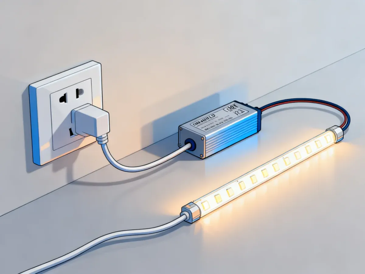 Schemat połączenia gniazdka 230 V z zasilaczem LED i taśmą LED