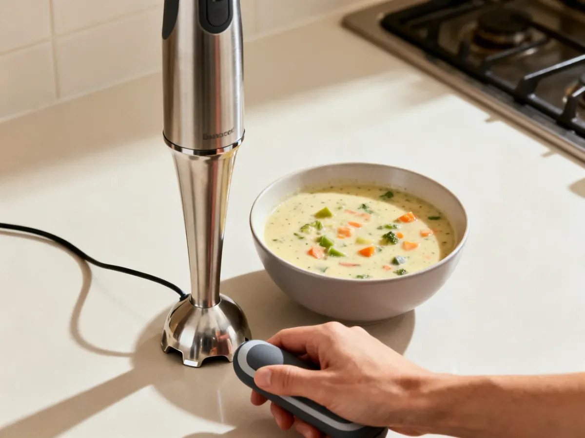 Blender ręczny ze stalową stopą przy misce kremowej zupy