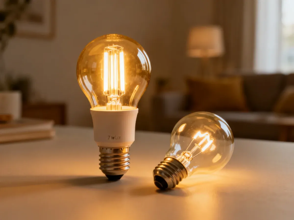 Świecąca żarówka LED 7 W obok tradycyjnej żarówki żarowej