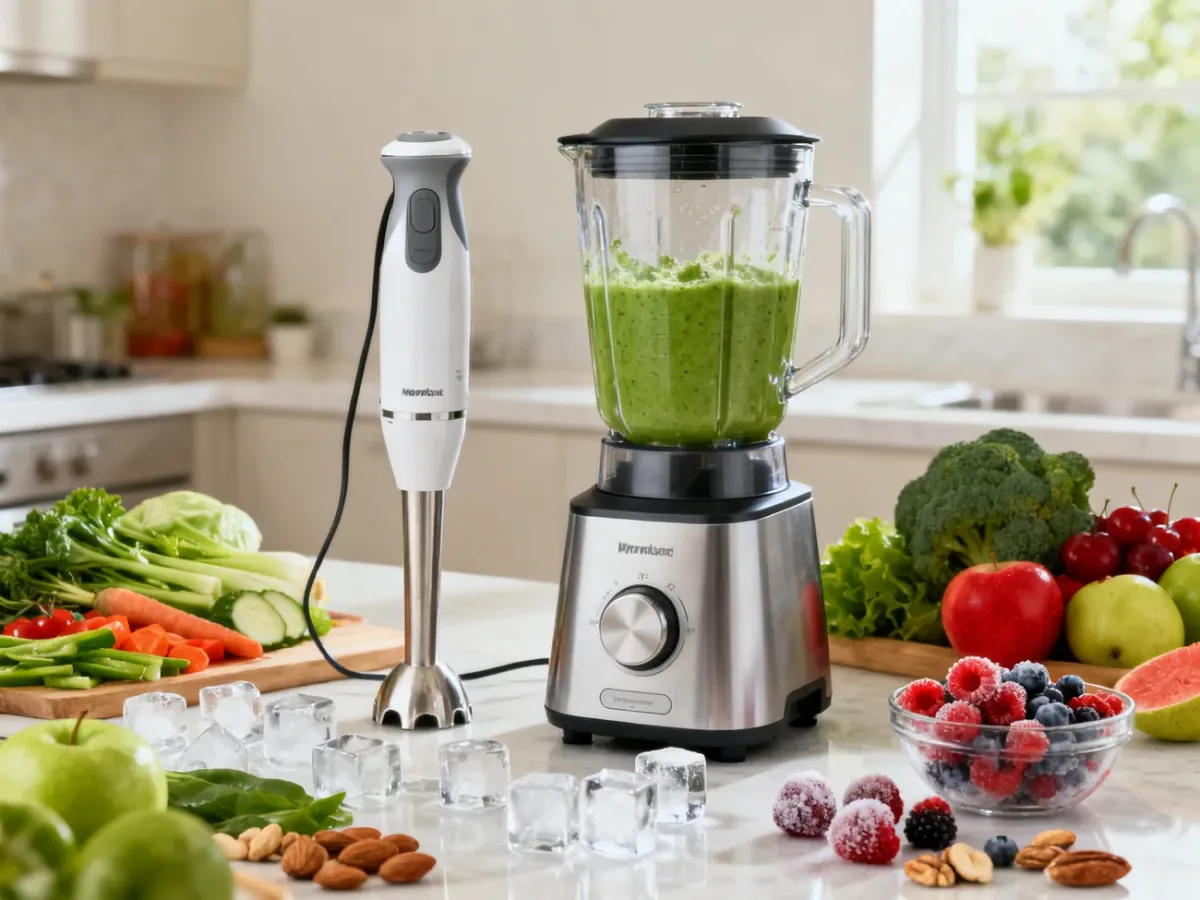 Blender ręczny i kielichowy obok składników do różnych zastosowań