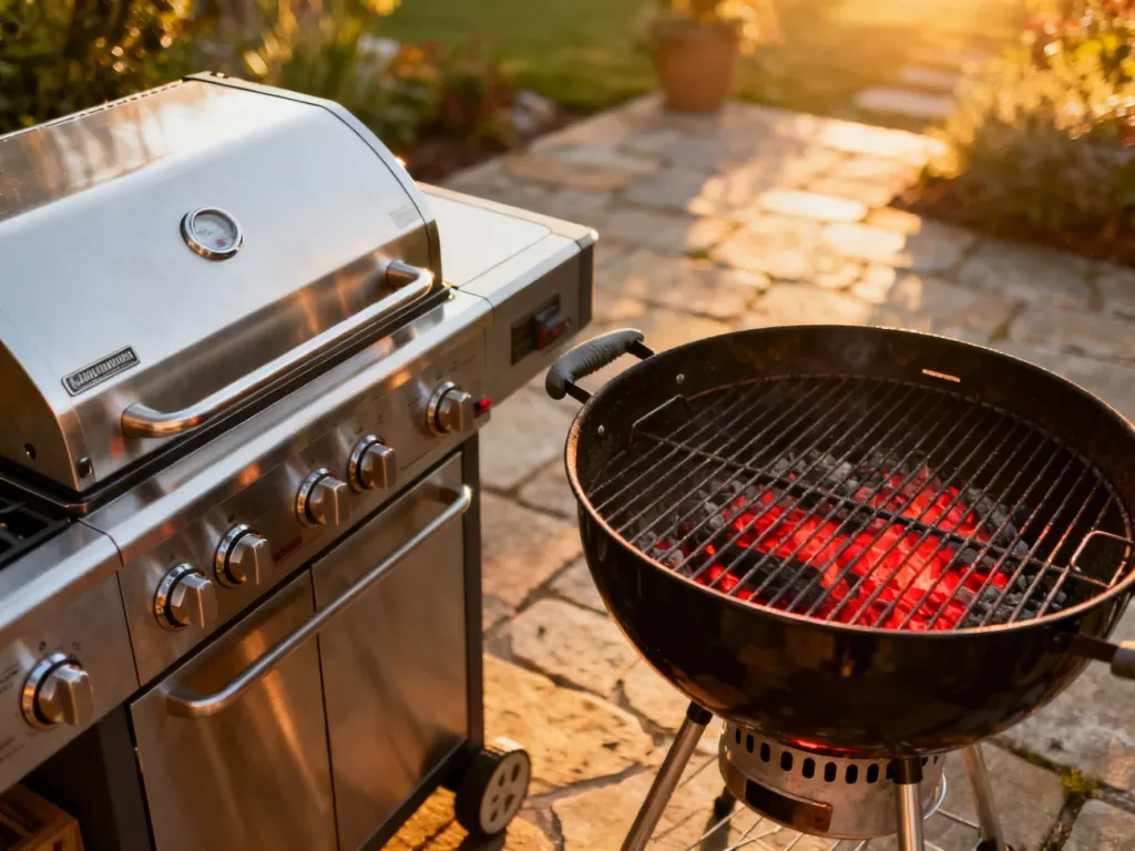Nowoczesny grill gazowy i tradycyjny grill węglowy stojące obok siebie na tarasie w świetle zachodzącego słońca.