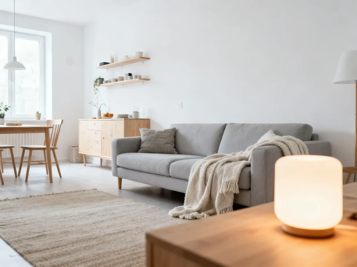 Jasny salon skandynawski z prostą szarą sofą i drewnianymi meblami