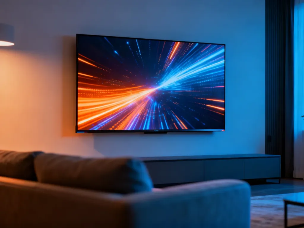 Nowoczesny telewizor z żywym, kolorowym obrazem zamontowany na minimalistycznej ścianie w salonie.