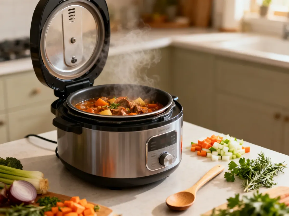 Multicooker z domowym gulaszem i składnikami na kuchennym blacie