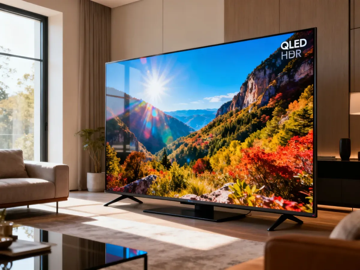 Telewizor QLED wyświetlający jasny, kolorowy obraz HDR w nasłonecznionym salonie