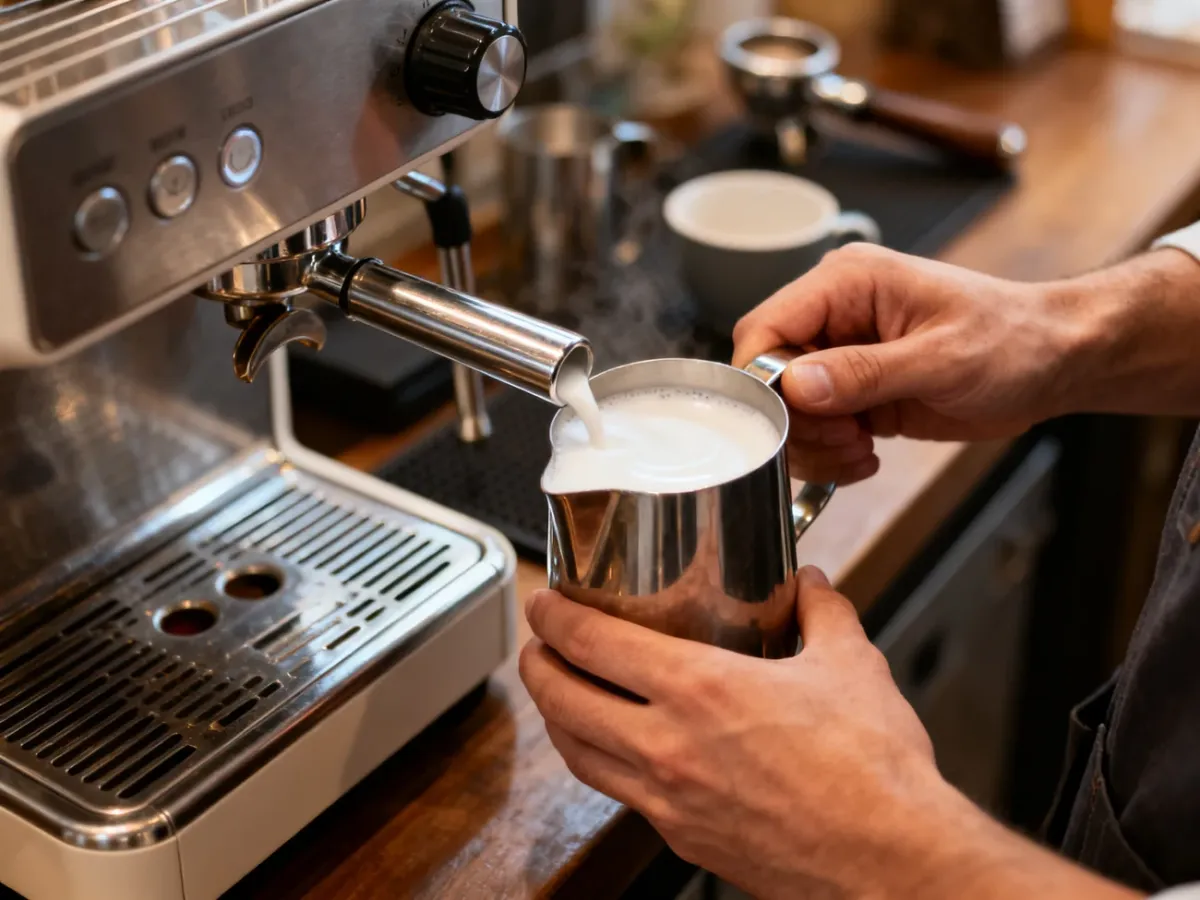 Barista spieniający mleko dyszą ekspresu do kawy
