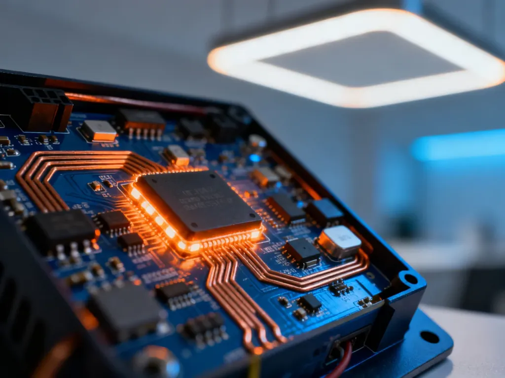 Zbliżenie na płytkę drukowaną sterownika LED z widocznymi komponentami elektronicznymi i ścieżkami miedzianymi.