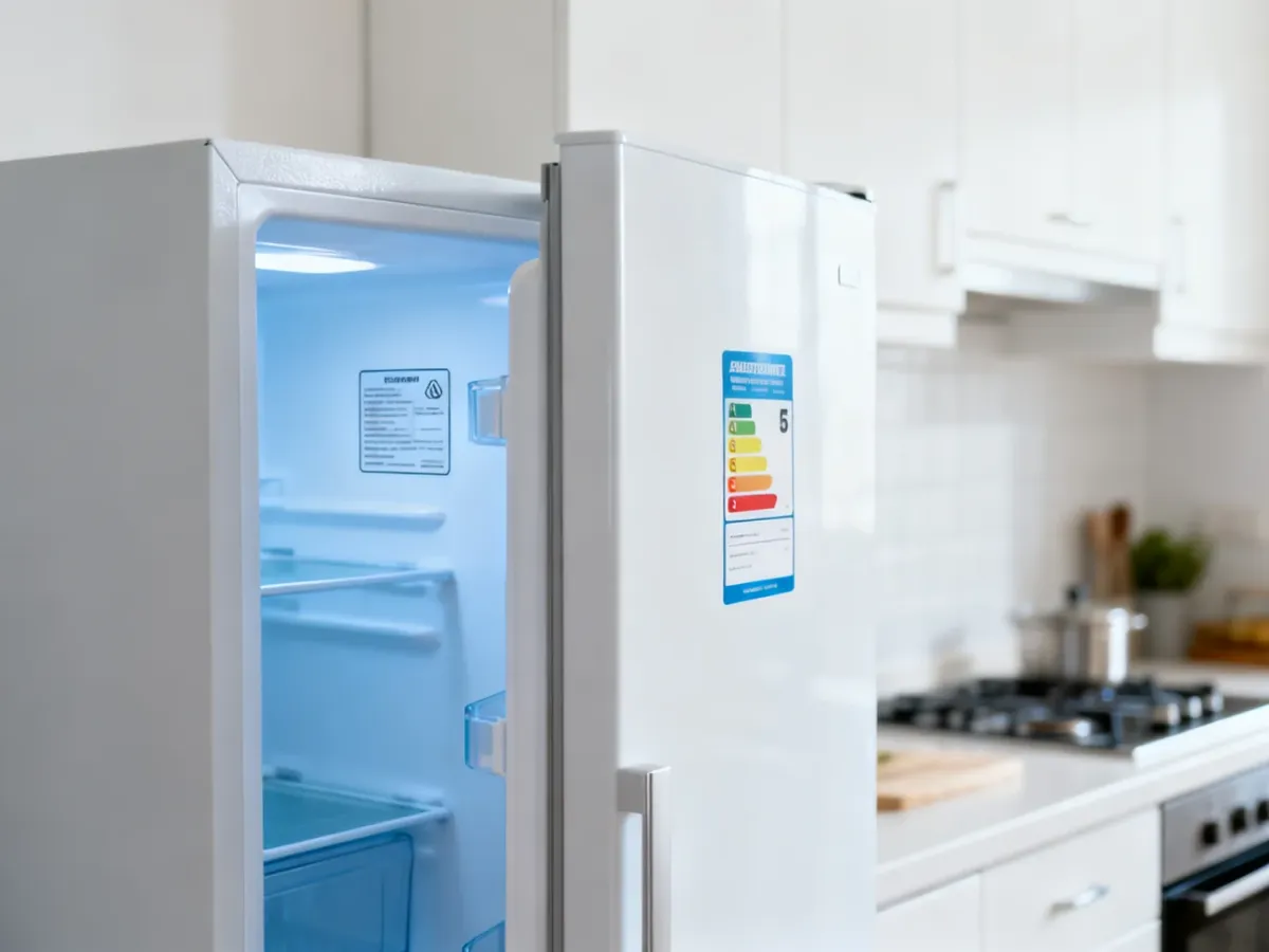Lodówka z widoczną tabliczką znamionową i etykietą energetyczną