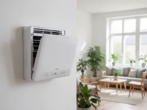 Nowoczesny odkurzacz pionowy stojący w jasnym, minimalistycznym salonie, podkreślający estetyczny design urządzenia.