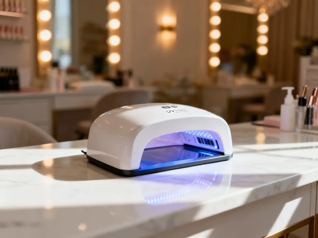 Profesjonalna lampa UV/LED do manicure ustawiona na eleganckim, marmurowym blacie w salonie kosmetycznym.