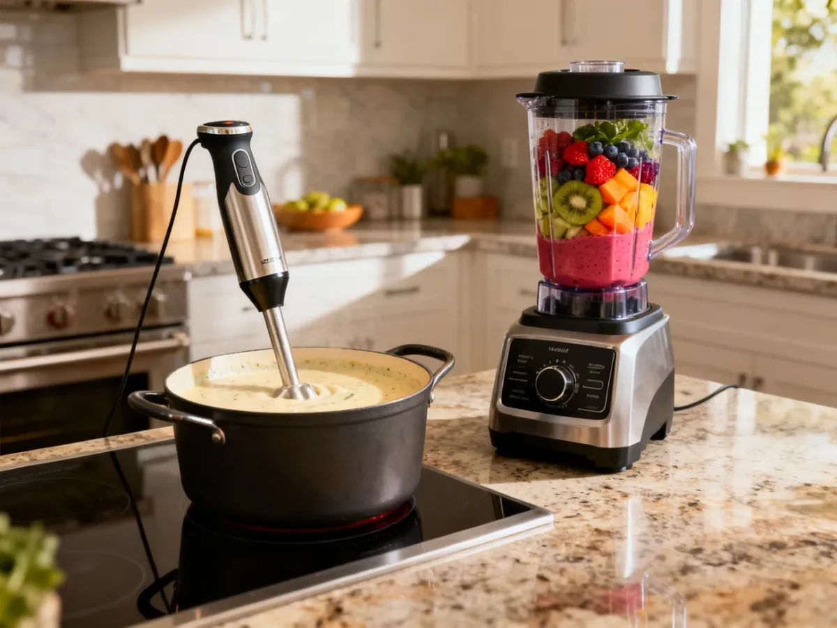 Blender ręczny miksujący zupę w garnku obok blendera kielichowego