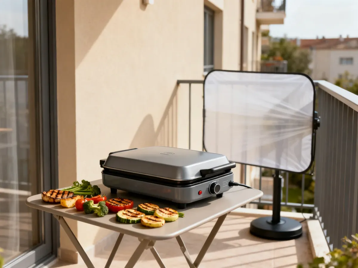Kompaktowy grill elektryczny na balkonie z osłoną przeciwwiatrową