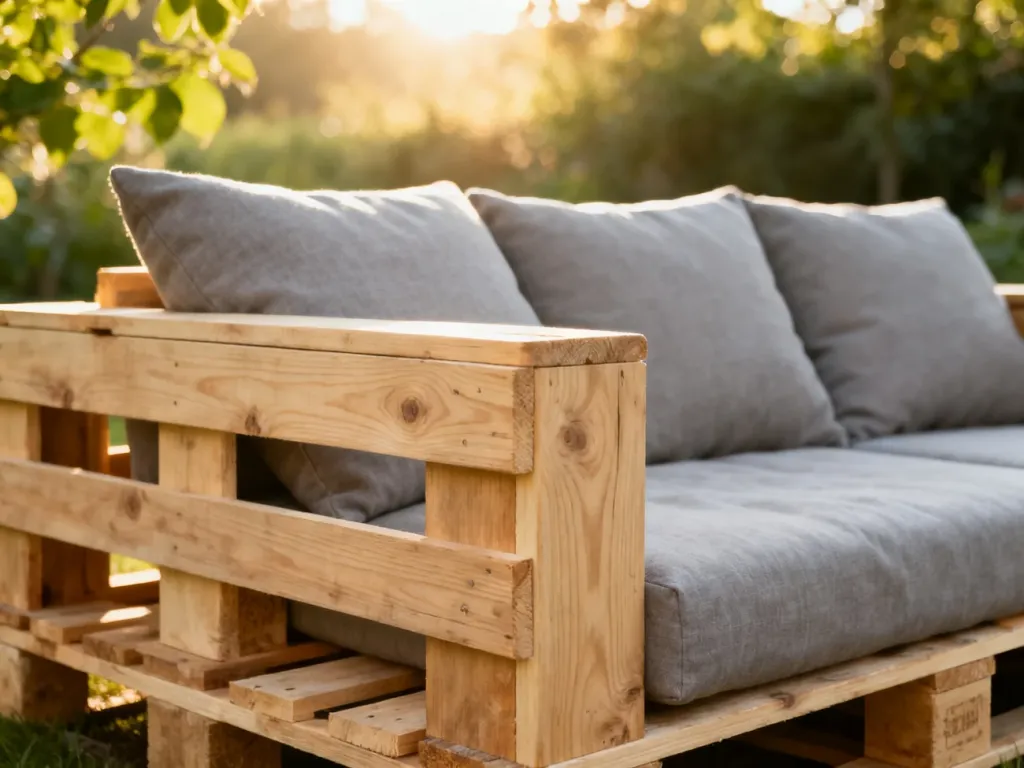 Wygodna sofa ogrodowa wykonana z oszlifowanych palet z szarymi poduszkami, ustawiona w słonecznym, zielonym ogrodzie.