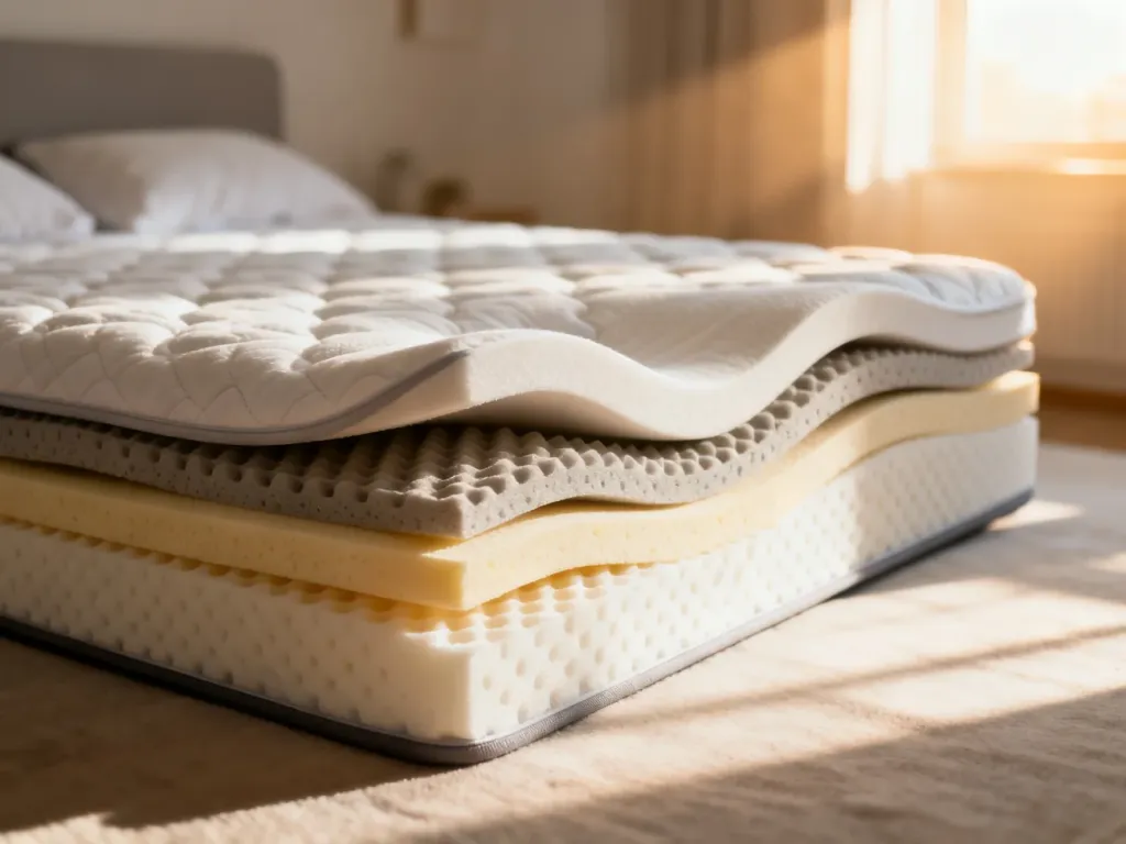 Przekrój nowoczesnego materaca 7-strefowego z warstwami pianki, ilustrujący ergonomiczne wsparcie ciała podczas snu.