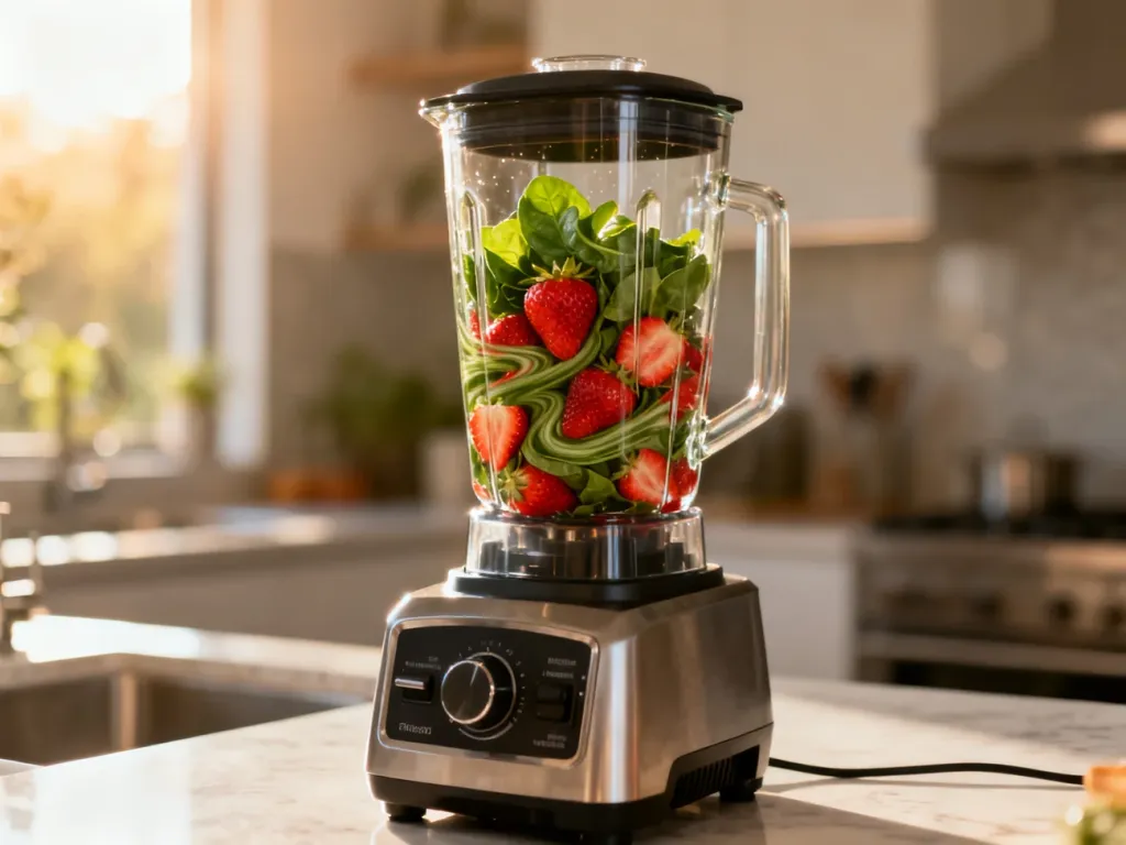 Wydajny blender na kuchennym blacie z owocami i szpinakiem wewnątrz, przygotowujący świeży koktajl.