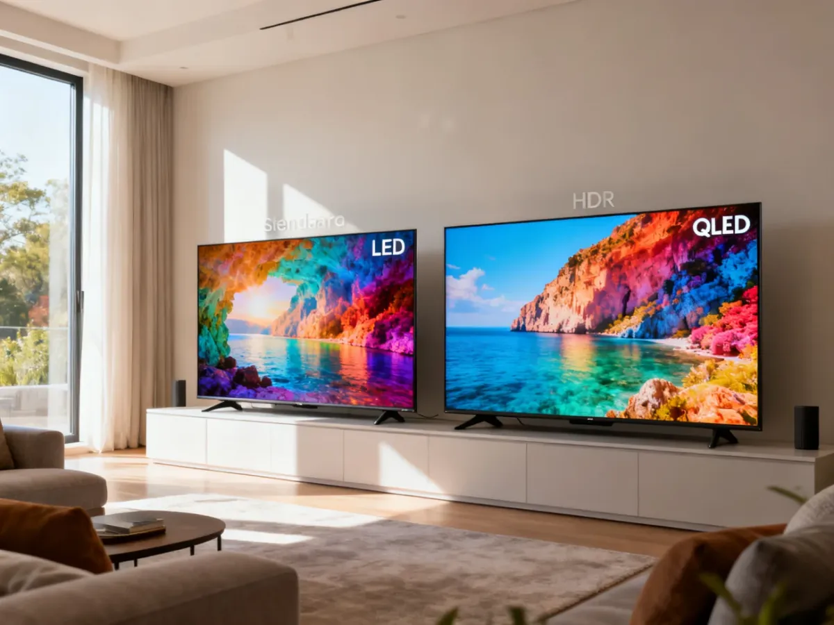 Dwa telewizory LCD porównane w jasnym salonie, z wyraźnie nasyconymi kolorami obrazu