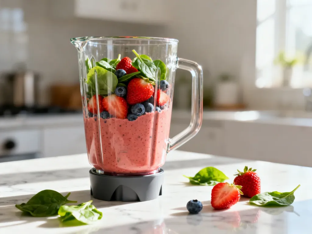 Nowoczesny blender kielichowy z kolorowym smoothie z owoców i szpinaku na marmurowym blacie kuchennym.